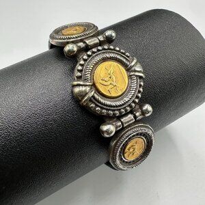 Vintage Brighton Bracelet Roman Coins Two Tone Black Leather Buckle Band 8.5"
